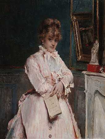 拿着一本书的年轻女子`Jeune femme tenant un livre (1870) by Alfred Stevens