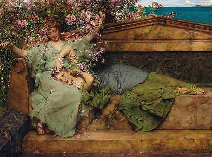 在玫瑰园里`In A Rose Garden by Lawrence Alma-Tadema