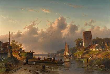 晚上在河边`Evening at the Riverbank (1867) by Charles Leickert