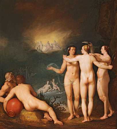 一个寓言式的场景，以阿格拉亚的三种恩典为特色`An allegorical scene featuring the Three Graces Aglaia by Cornelis Cornelisz Van Haarlem