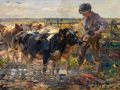 带着小牛的牧羊人`Shepherd with Young Cattle by Heinrich von Zugel