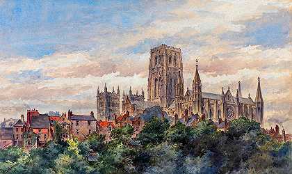 达勒姆大教堂景观`View of Durham Cathedral by Arnold William Brunner
