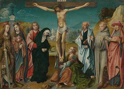 十字架上的基督，玛丽、约翰、抹大拉的玛丽、圣塞西莉亚和芭芭拉（左）以及彼得、方济各和杰罗姆（右）`Christ on the Cross, with Mary, John, Mary Magdalene and Sts Cecilia and Barbara (left) and Peter, Francis and Jerome (right) (c. 1505 ~ c. 1510) by Cornelis Engebrechtsz