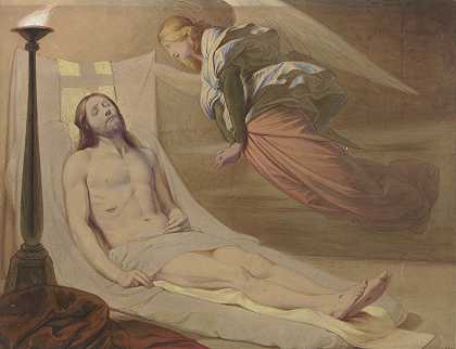 基督在坟墓里，一位哀悼的天使在他身上盘旋`Christ in the grave, a mourning angel hovering over him (1851) by Edward Von Steinle