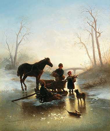 孩子们在冰上收集木头`Children on the Ice Collecting Wood by Wilhelm Alexander Meyerheim