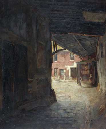 L门廊马泽街白马旅社`Le porche de lauberge du Cheval~blanc, rue Mazet (1898) by Victor Marec