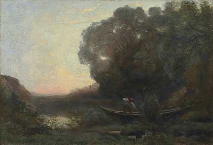 船夫在岸边。夕阳`Le batelier à la rive. Soleil couchant (1845~50) by Jean-Baptiste-Camille Corot