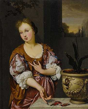 瓦尼塔年轻女子的肖像`Vanitas portrait of a young woman (1687) by Jan Van Mieris