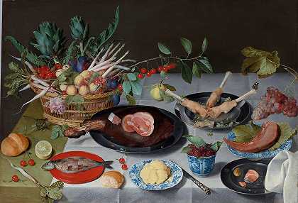 肉、鱼、蔬菜和水果的静物画`Still Life with Meat, Fish, Vegetables and Fruit (c. 1615–20) by Jacob van Hulsdonck