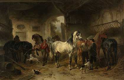 马厩的屋内有马和人像`Interieur van een stal met paarden en figuren (1850 ~ 1874) by Wouterus Verschuur