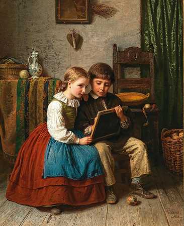 带写字板的儿童`Kinder mit Schreibtafel by Karl Friedrich Boser