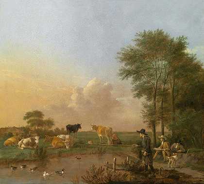 一个池塘景观，有一个制图员、一个渔夫和放牧的牛`A Pond Landscape With A Draughtsman, A Fisherman And Grazing Cattle by Albert Jansz. Klomp