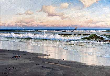 英格兰约克郡菲利海滩`The Beach at Filey in Yorkshire, England by Carl Wilhelm Bockmann Baarth