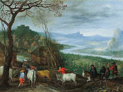 牧民把牛赶到村庄的风景`A landscape with herdsmen driving cattle to a village by Jan Brueghel The Elder