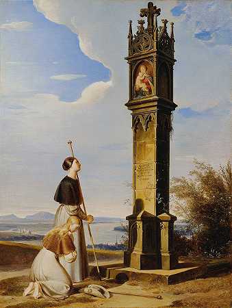 雕像前的两名朝圣者`Zwei Pilgerinnen Vor Einem Bildstock (;ave Maria) (1829) by Erasmus Von Engert