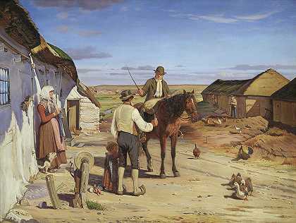 一个陌生人在沼地上的一个农场问路`A Stranger Asking his Way at a Farm on the Moors by Hans Smidth