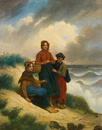海滩上的孩子，或L等待渔夫`Les Enfants Sur La Plage, Ou Lattente Du Pêcheur (1859) by Jacob Joseph Eeckhout