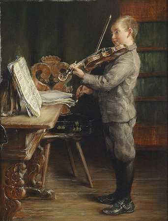 拉小提琴的男孩`Violine spielender Knabe by Otto Piltz
