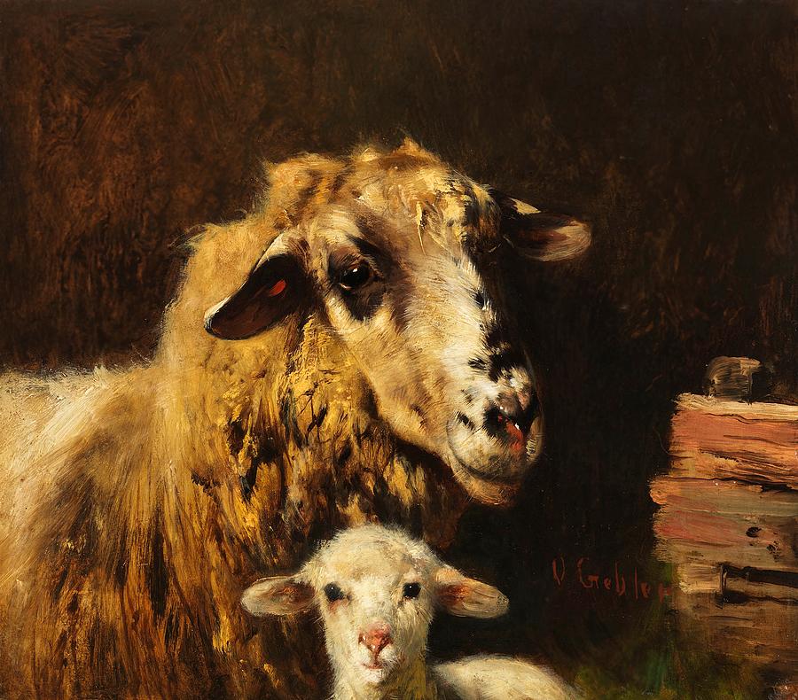 母羊和小羊在马厩里`Ewe with Lamb in the Stable by Otto Gebler