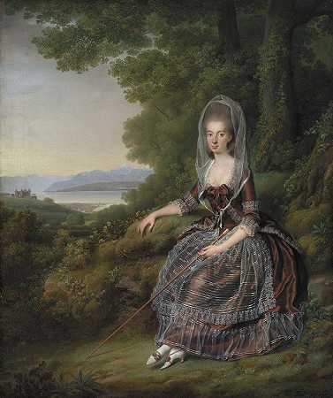 玛蒂尔达·吉格尔·德·普朗金斯男爵夫人在日内瓦湖的公园里`Baroness Matilda Guiguer de Prangins in her Park at the Lake of Geneva (1779) by Jens Juel