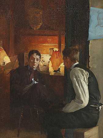 室内有两名年轻男子，灯光明亮`Interiør med to unge mænd, lampelys by Gustav Vermehren