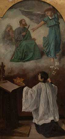 在耶稣的美德或圣路易斯·冈萨格的异象面前凝视圣路易斯·冈萨格`Saint Louis de Gonzague en contemplation devant les vertus de Jésus ou La vision de saint Louis de Gonzague (1870) by Isidore Patrois