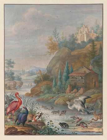 山溪边的家禽`Gevogelte bij een bergstroom (1683) by Herman Henstenburgh