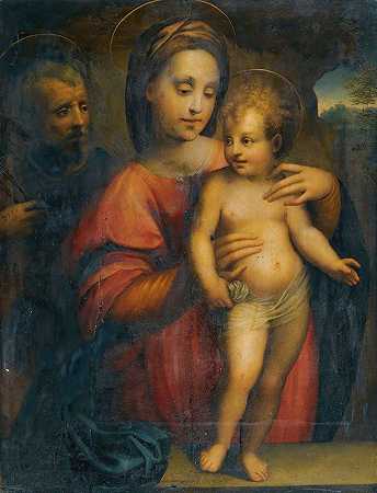 圣洁的家庭，圣母玛利亚支撑着站在石头壁架上的基督孩子`Holy Family, With The Madonna Supporting The Standing Christ Child On A Stone Ledge by Domenico Puligo