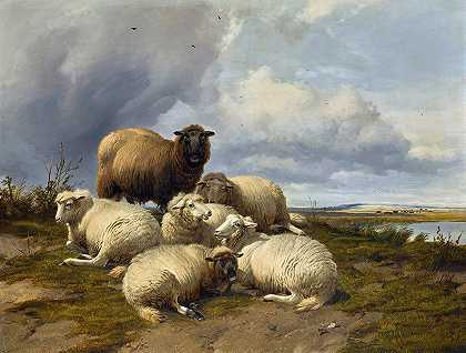 坎特伯雷草原上正在聚集的风暴`The gathering storm canterbury meadows (1874) by Thomas Sidney Cooper