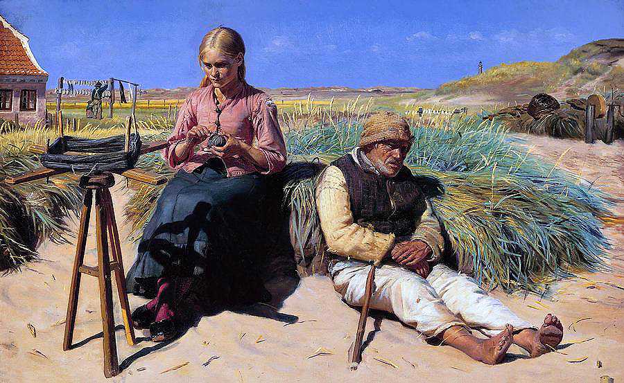 沙丘中失明的克里斯坦和汀`Blind Kristan and Tine Among the Dunes by Michael Ancher