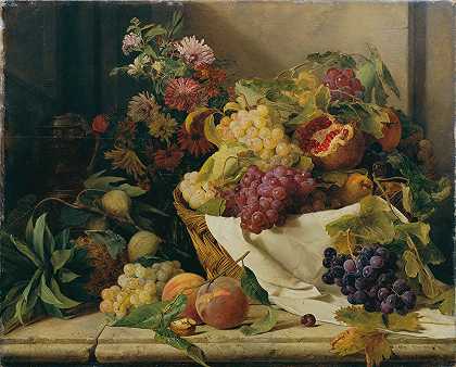 水果和鲜花的静物画`Stillleben mit Früchten und Blumen (1847) by Rosalia Amon