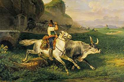 赶牛的罗马牧民`A Roman Herdsman driving Cattle (1829) by Horace Vernet
