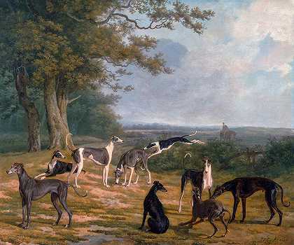 风景中的九只灰狗`Nine Greyhouds in a Landscape by Jacques-Laurent Agasse