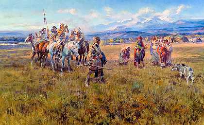 刘易斯和克拉克抵达萨卡瓦瓦领导的肖肖尼营地`Lewis and Clark Reach Shoshone Camp Led by Sacajawea by Charles Marion Russell