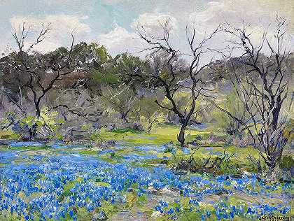 早春的蓝蜂和梅斯基特`Early Spring-Bluebonnets and Mesquite by Julian Onderdonk