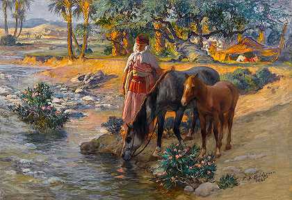 给马浇水`Watering the Horses by Frederick Arthur Bridgman