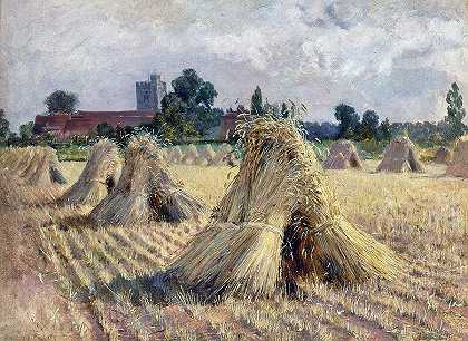布雷教堂旁的玉米弯道`Corn Stooks by Bray Church by Heywood Hardy
