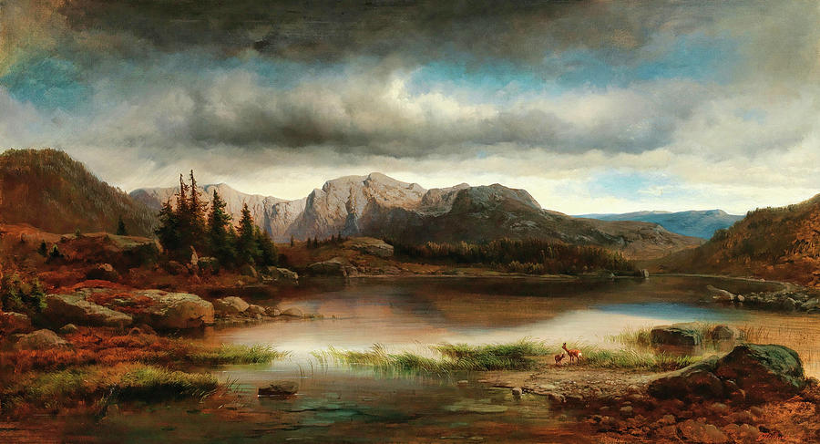 山湖景观`Landscape with a Mountain Lake by Carl Millner