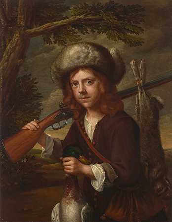 一个年轻的猎人，戴着皮帽，拿着步枪，野鸭和野兔`A young hunter, in a fur cap with a rifle, mallard and hare by After Wallerant Vaillant