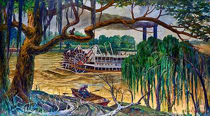 密西西比河和河口`Mississippi River and the Bayou by Louis Sicard
