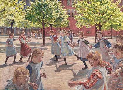 女孩们在哥本哈根英格哈德广场玩耍`Girls Playing, Enghave Square, Copenhagen by Peter Hansen