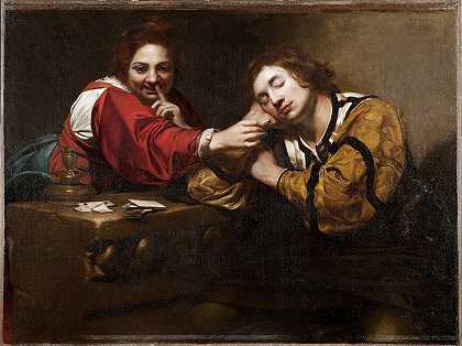 睡梦者醒了`Sleeper Awakened by a Young Woman with Fire (1620s) by a Young Woman with Fire by Nicolas Regnier