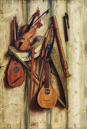 乐器板乐谱，Tromphe l\’oeil`Board Partition with Musical Instrument, Tromphe L\’oeil by Cornelius Norbertus Gijsbreachts