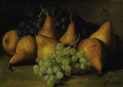 葡萄和黄梨的静物画`Still Life with Grapes and Yellow Pears (1884) by Edward Chalmers Leavitt