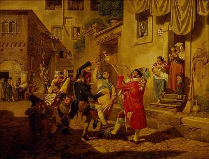 罗马街头狂欢节的欢乐`Carnival Gaiety In A Roman Street (1828) by August Krafft
