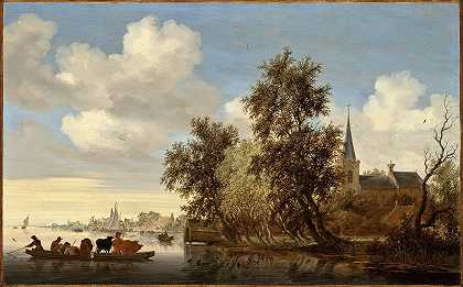 有渡轮的河流景观`River Landscape with a Ferry (1650) by Salomon van Ruysdael