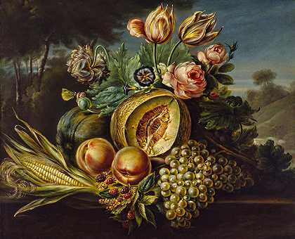 水果和鲜花的静物画`Still Life with Fruit and Flowers by Cornelius de Beet