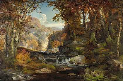 秋天托希肯河上的一幕`A Scene on the Tohickon Creek in Autumn by Thomas Moran