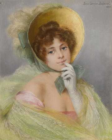 她的新帽子`Her New Bonnet (1899) by Pierre Carrier-Belleuse