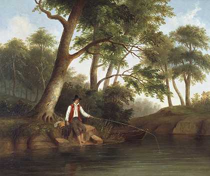 男子钓鱼`Man Fishing by Robert S. Duncanson